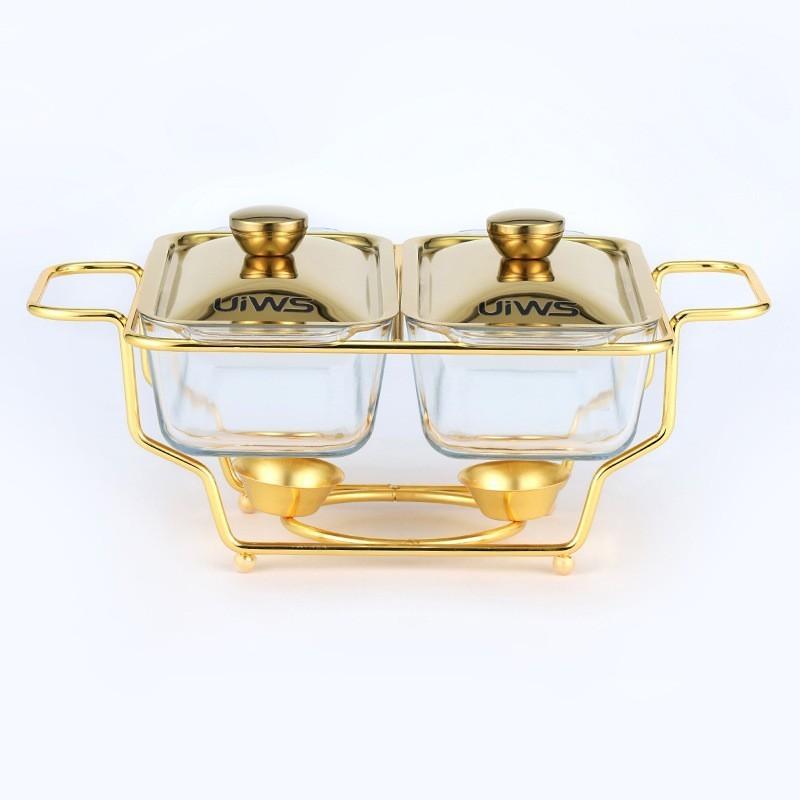 Chaffing Dish Golden Rectangular Three-Grid Glass Dining Stove Glass Heating Container Restaurant Buffet Stove