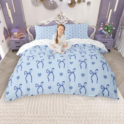 Homewish Cute Kawaii Bow Knot Duvet Cover Set for Girls, Princess Bowtie Bedding Set, Lovely Hearts Print Comforter Cover Set