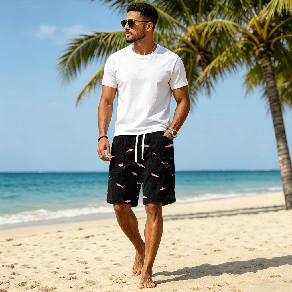 Men's Casual Corduroy Drawstring Shorts Hawaiian Style Lightweight Comfortable Relaxed Fit Summer Beachwear