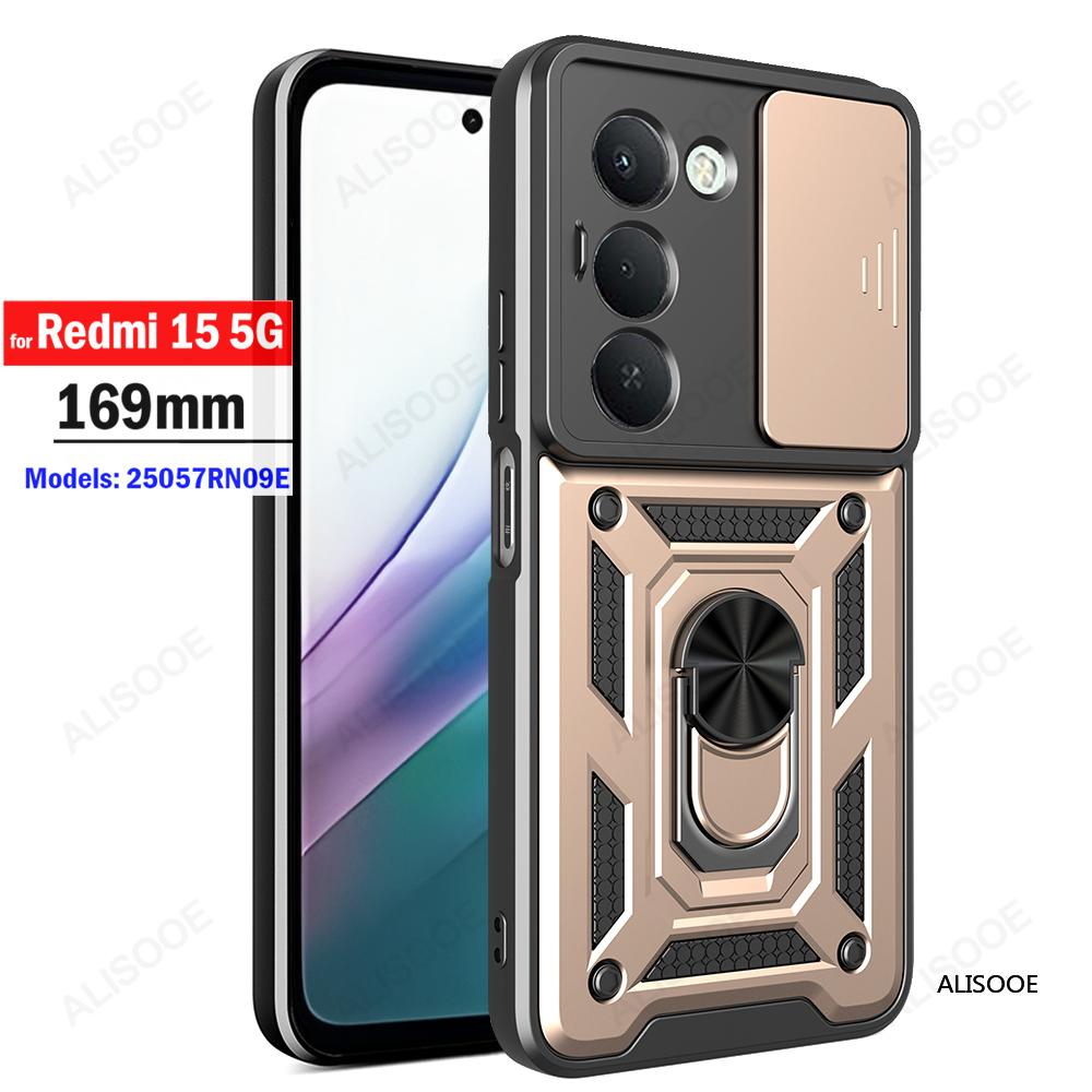 

Slide Camera Cover For Redmi 15 5G (169mm) Case Armor Ring Holder Kicktand Protection Phone Capa Funda Redmi 15 5G (169mm) золотой