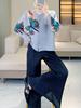 2025 Spring Butterfly Print Ruched Nine-Sleeve Cardigan: Chinese Style Buttoned Top for Moms