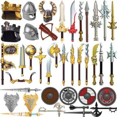 MOC Militär Mittelalter Bausteine Zubehör Soldatenfiguren Zweifarbige Waffen Armbrust Schwert Helm Tomahawk Spielzeug Geschenk X006