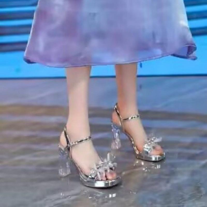 Slip Strap Sandals Women Summer New Square Toe Open Toe Rhinestone with Skirt Platform Non-Slip Square Heel High Heels
