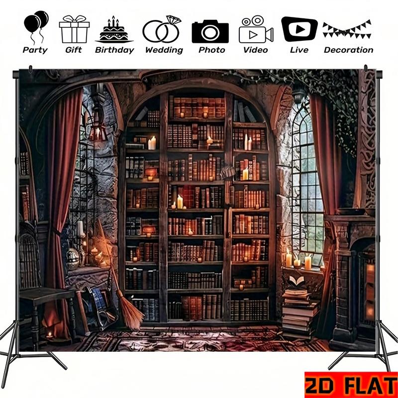 2D Flat Banner, 1 Piece of Polyester Background Fabric, Mysterious Retro Library Background, Halloween Witchcraft Theme