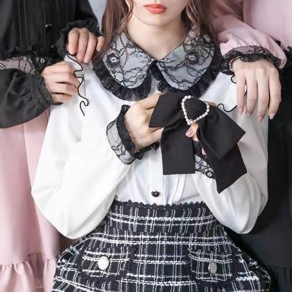 Japonská Lolita halenka s krajkovým lemem a mašlí - Dlouhý rukáv, Jaro/Podzim