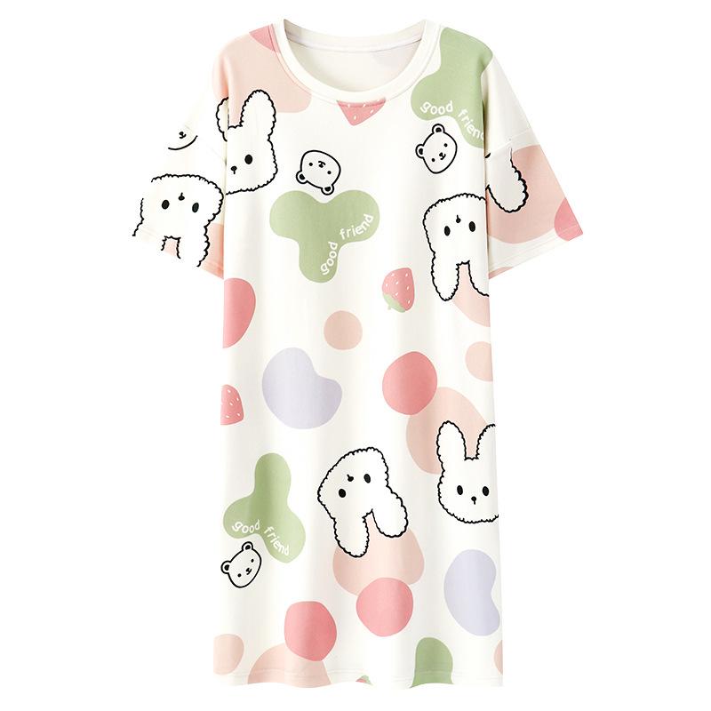 Women's Cartoon Cotton Nightgown with Bra Pads - Short Sleeve, 2024 Summer Style Pajamas
