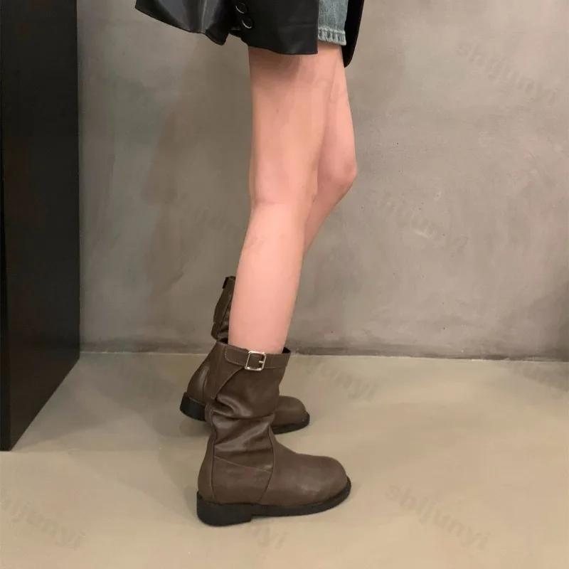 Women Ankle Boots  Autumn Fashion Round Toe Buckle Comfortable Non Slip Outdoor Short Boots Retro Mid-calf Boots