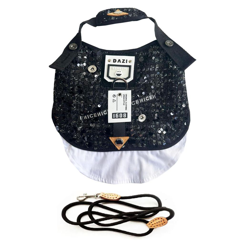 Luxury Dog Harness Leash Set Black Princess Dress with Bowknot Lace Chest Strap Puppy Walking Lead Rope for Maltese Schnauzer