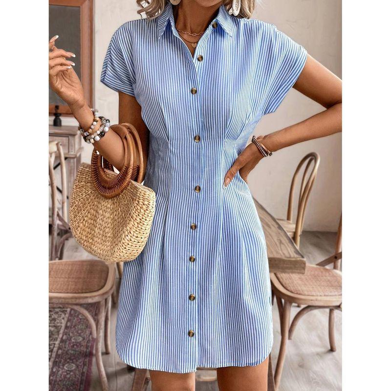 Fashion Fashion Commuter Ol Single-Breasted Blue Stripes Cardigan Casual Shoulder Short Sleeve Shirt Dress Dress