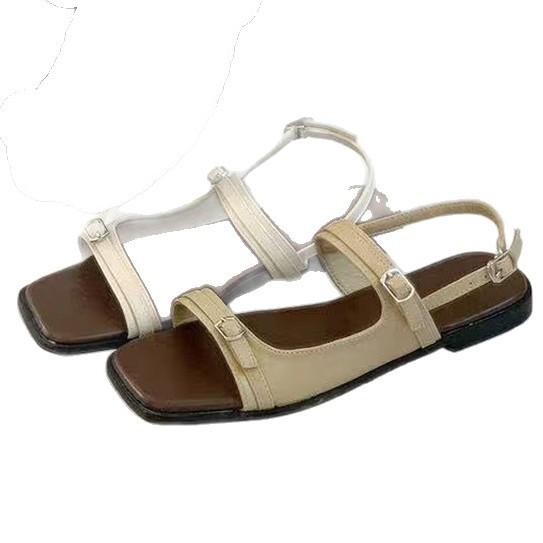 Leather sandals design sense one word temperament with Roman soft sole vacation seaside versatile shoes women's flat sandals French