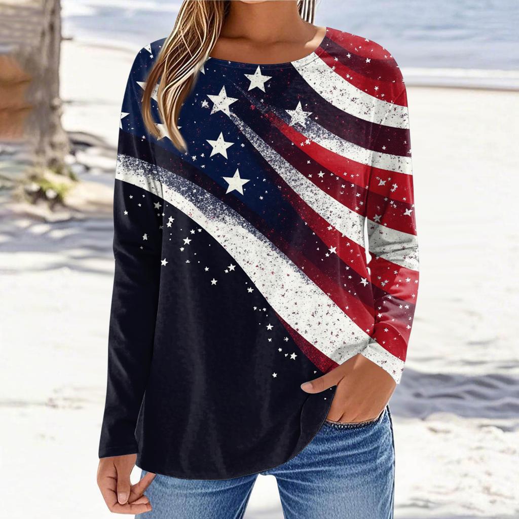 Women's Casual Long Sleeve Crew Neck Shirt American Flag Print Lightweight Comfortable Fit Stylish Top for Everyday Wear