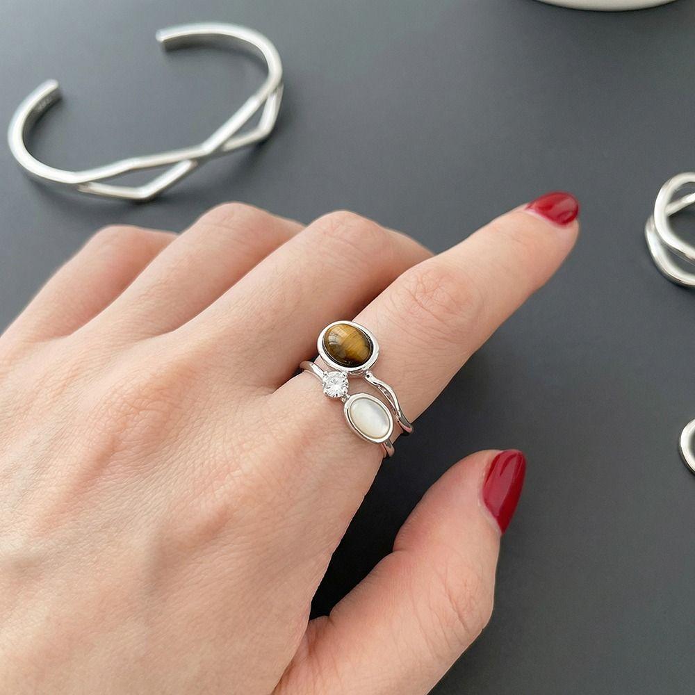 Open Ring Zircon Double Layer Ring Brown Stone Geometric Resizable Ring  Aesthetic Accessories