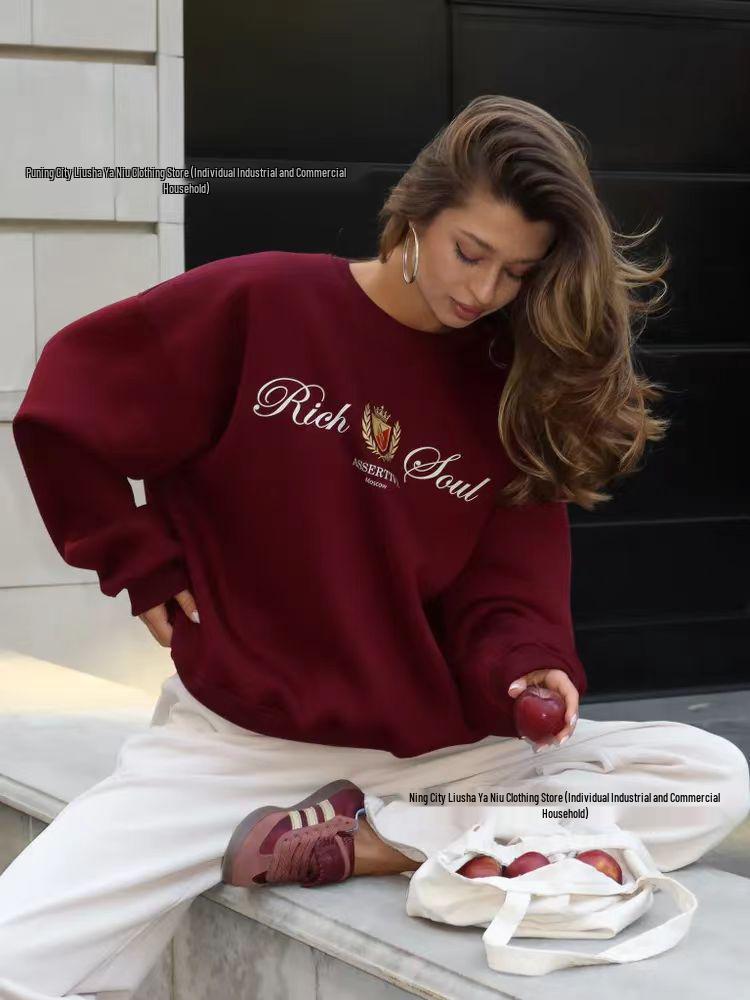 European Autumn/Winter 2025 Women's Stylish Printed Pullover: Loose, Versatile, Plus Velvet, Round Neck Sweatshirt
