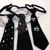 Elegant Rhinestones Embellished JK Shirt Tie for Women Men Harajuku Student Uniform Adjustable Pre Tied Black Necktie