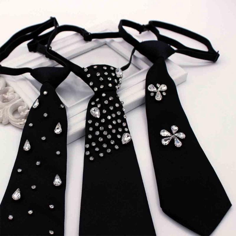 Elegant Rhinestones Embellished JK Shirt Tie for Women Men Harajuku Student Uniform Adjustable Pre Tied Black Necktie