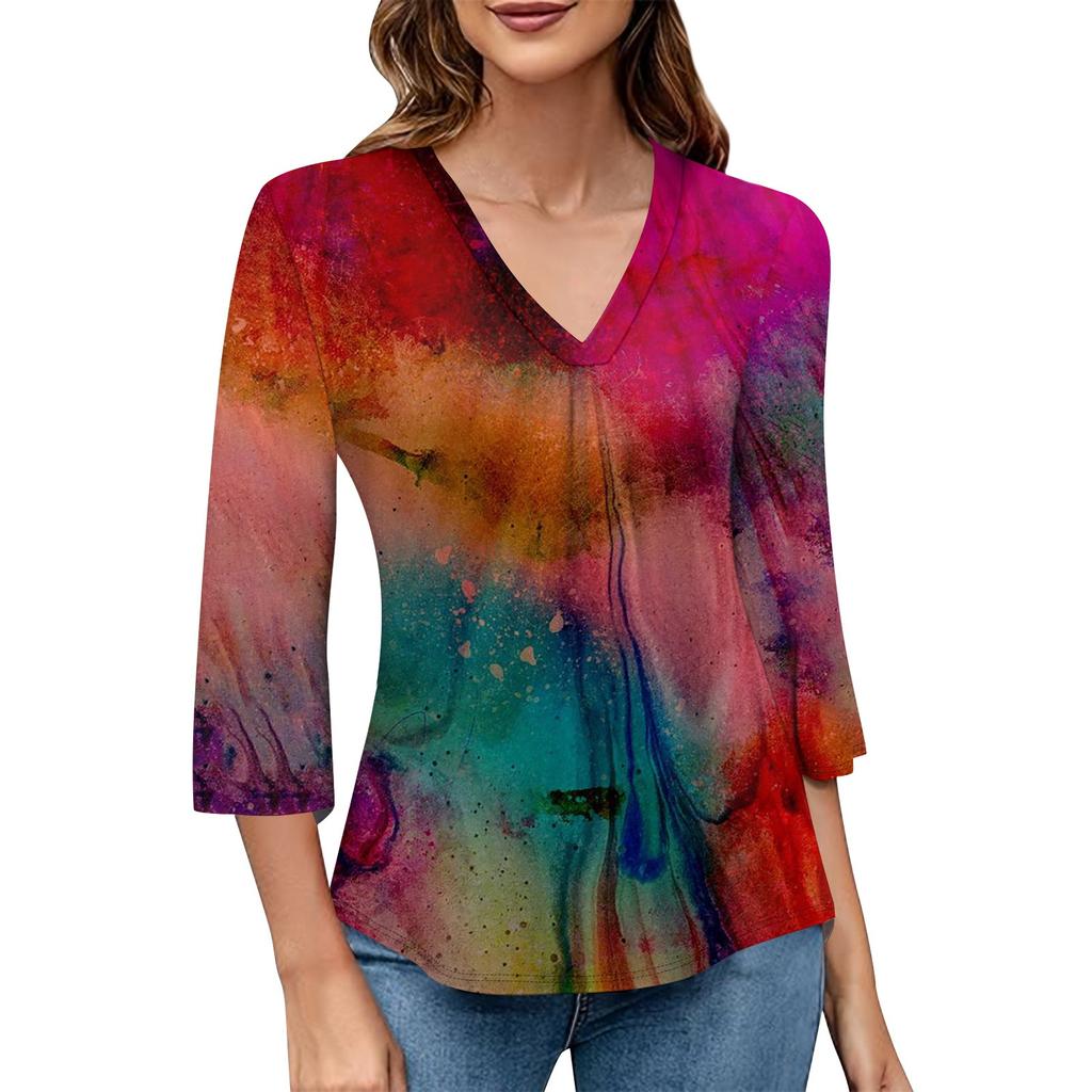 Women's Casual V-neck Gradient Print Three-quarter Sleeve Fashion Top