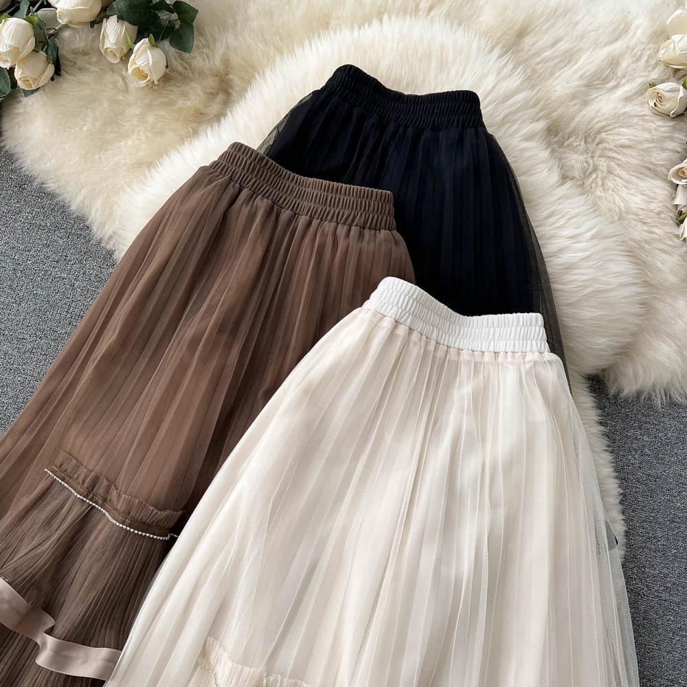 Spring Super Mesh Skirt Women's Medium Length Pleated Cake Skirt Elastic High Waist A-Shaped Large Swing Skirt Umbrella Skirt