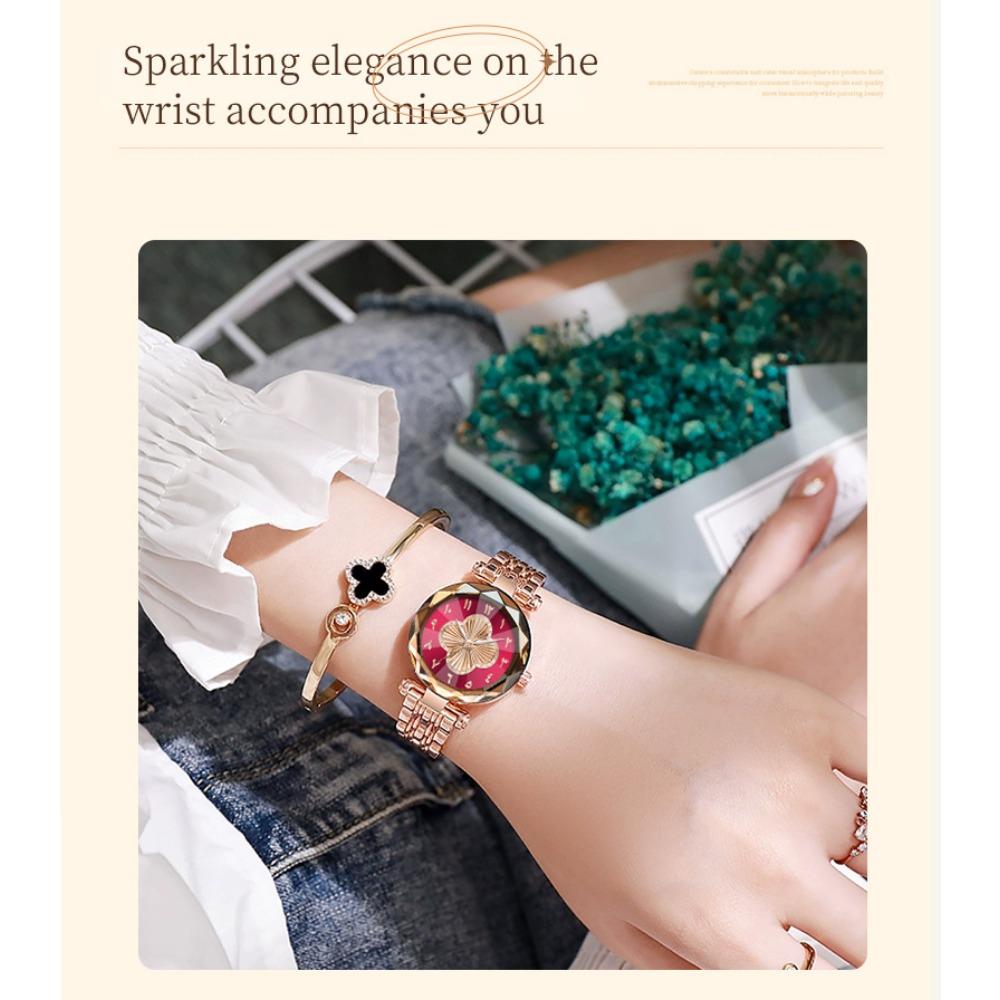 Orologio da Polso da Donna al Quarzo Quadrifoglio Vetro Sfaccettato Bracciale in Acciaio Inossidabile Orologio da Polso Moda Numeri Arabi Orologio Elegante