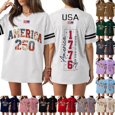 Damen Casual Mode V-Ausschnitt Sport Unabhängigkeitstag Druck Kurzarm Sport T-Shirt Top