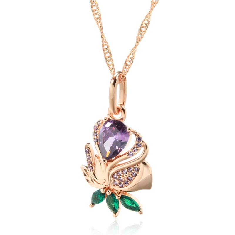 

Kienl Vintage Purple Natural Zircon Flower Pendant Necklace High Quality Fine Daily Jewelry Women Rose Gold Color Necklace 50cm