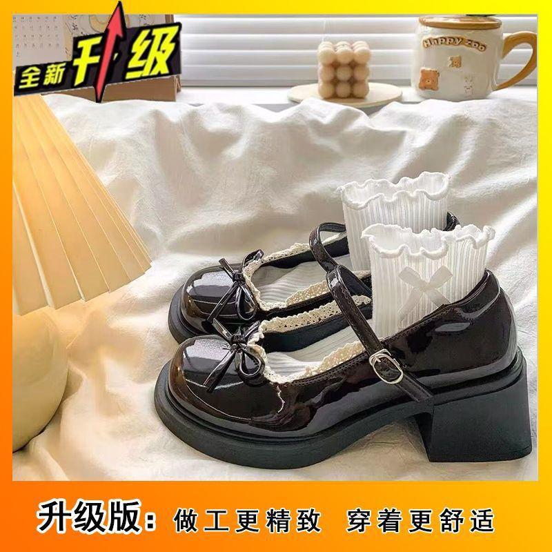 Versatile thick heel Mary Jane shoes women's summer new French round head bow British style small leather shoes women