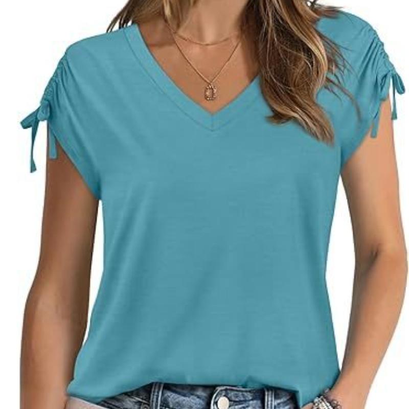 Women's Short Sleeve Top Drawstring Summer Fashion V-Neck T-Shirt