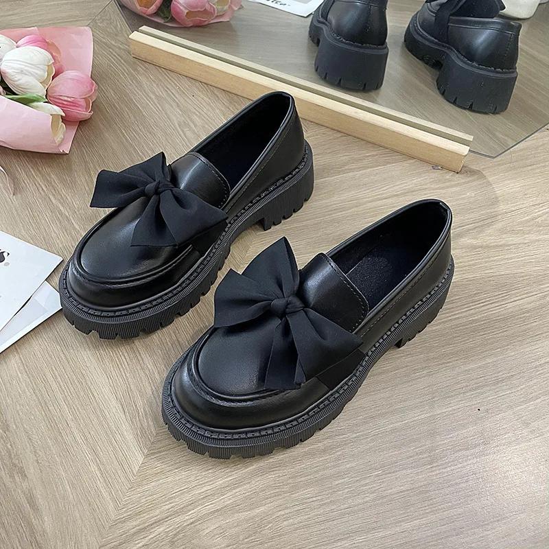 Fashion Women Flat Shoes Bowknot Leather Shoes Ladies 2025 New Spring Thick Heel Loafers Woman Fashion Comfortable Work Shoes Zapatos