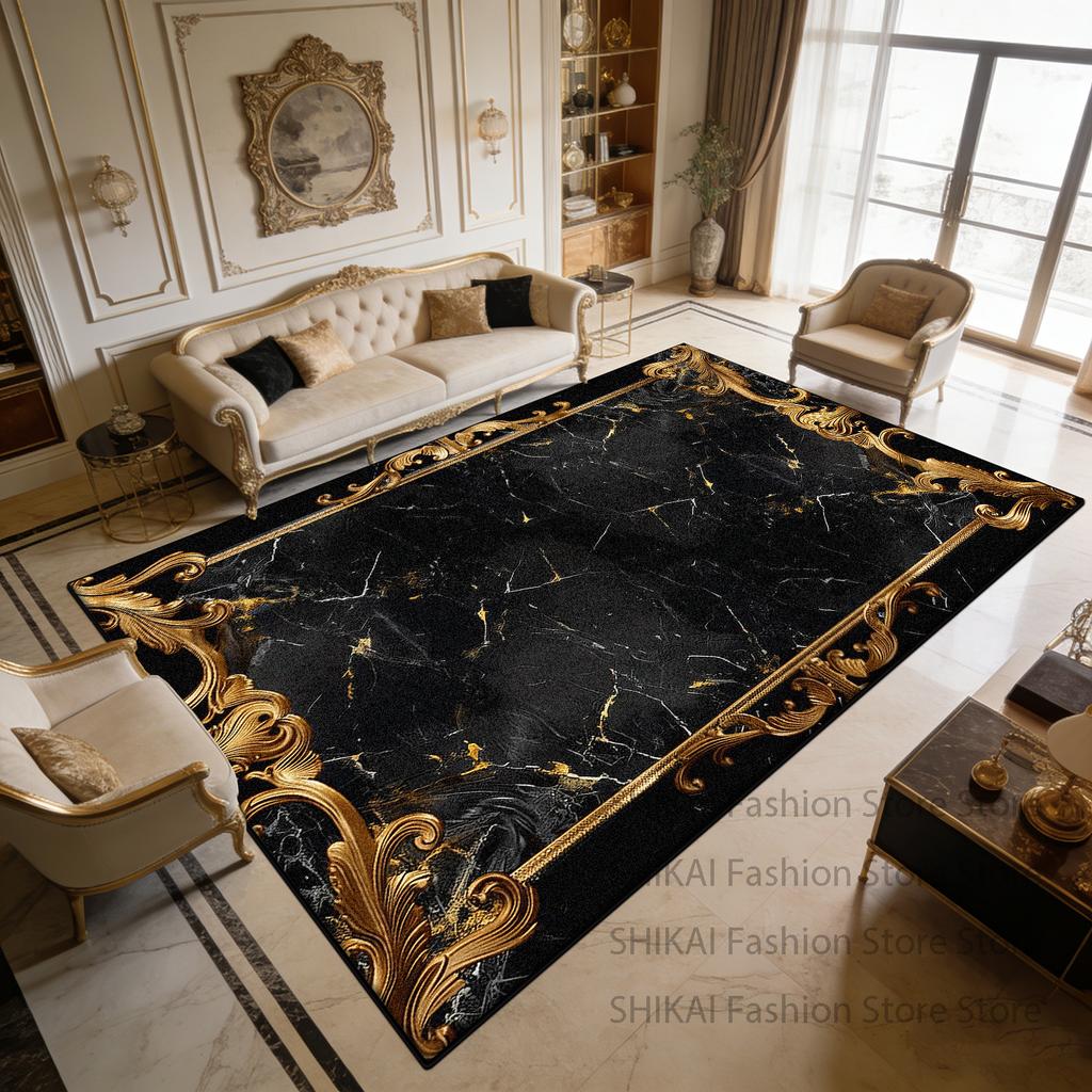 Black Marble Golden Light Luxury Soft Living Room Rug Decoration Courtyard Antiskid Fluffy Carpet Easy Clean Foldable Floor Mats