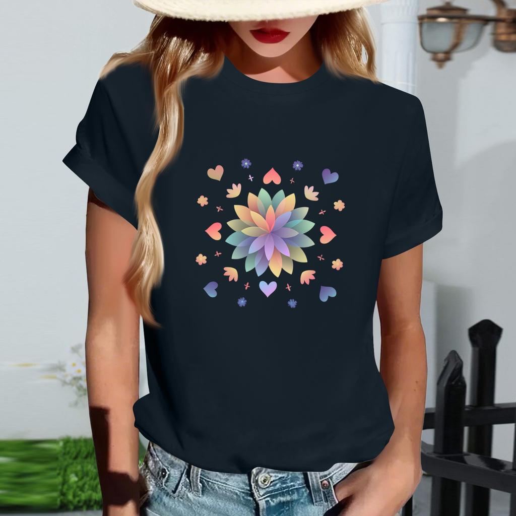 Women's Fashionable Round Neck Casual Retro Print Short Sleeved T-shirt Top