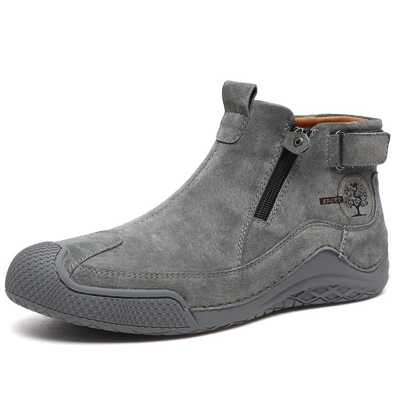 Men's Autumn Mid-top Casual Leather Boots with Side Zipper and Thick Sole