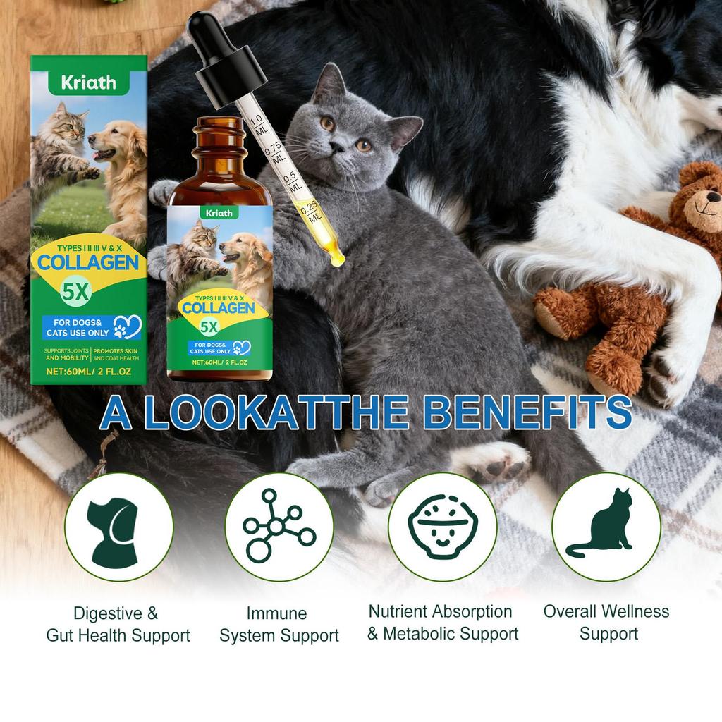 Kriath Pet Collagen Drops 60ml, Cats & Dogs. Joint Care, Skin Health, Coat Health, Gut Health, Immune System Boosting for Pets.