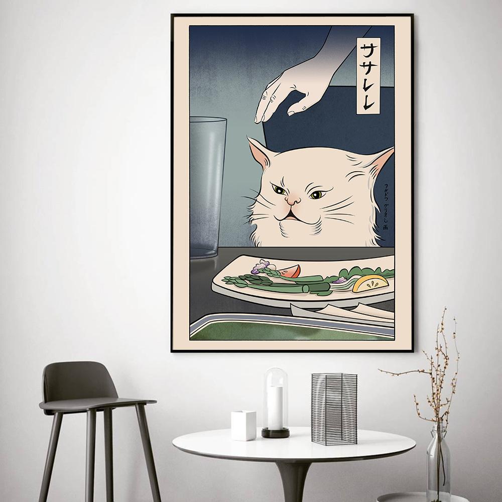 Funny Cute Canvas Painting Japanese Geisha Woman Yelling At Cat Posters and Prints Wall Art Pictures for Living Room Bedroom No Frame