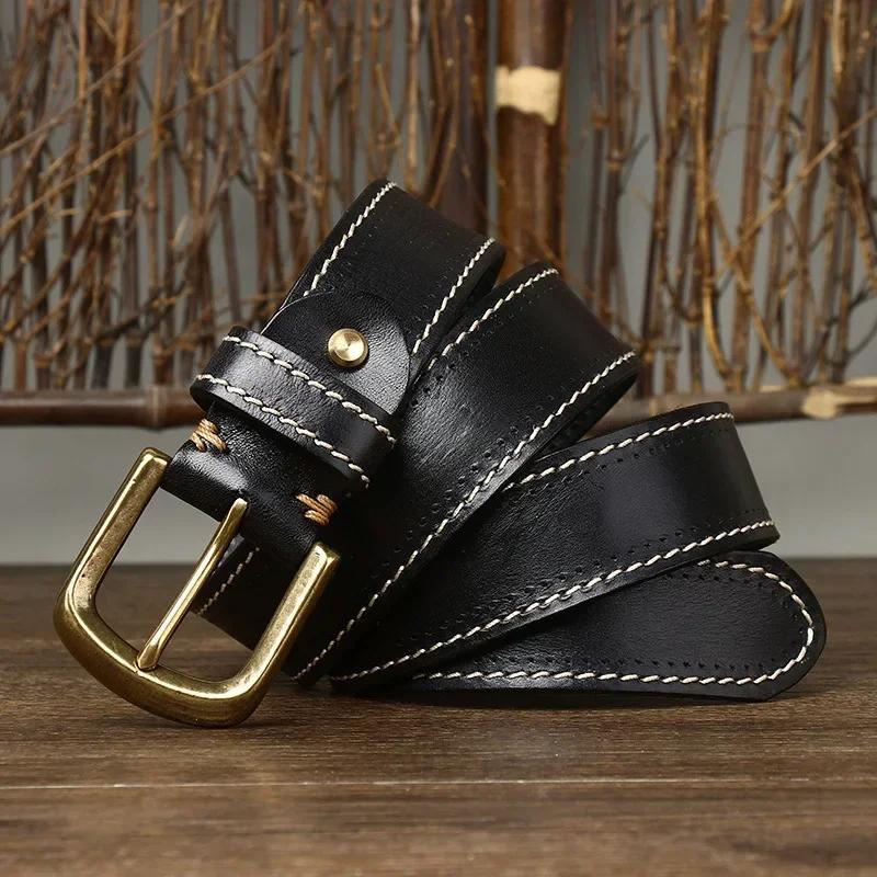 3.8CM Pure Cowhide High Quality Genuine Leather Belts for Men Korean Version Strap Male Brass Buckle Fancy Vintage Jeans Cowboy
