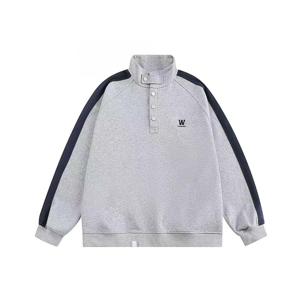 Spring/Autumn 2026 Japanese Style Patchwork Stand Collar Hoodie - Men's Trendy American Retro Casual Loose Pullover Top