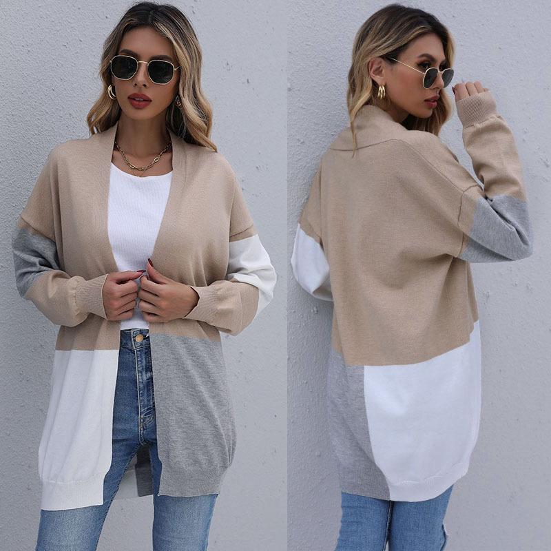 Casual Trend Versatile Women's Autumn and Winter Long Section Loose Color Blocking Knit Cardigan Sweater Jacket Female