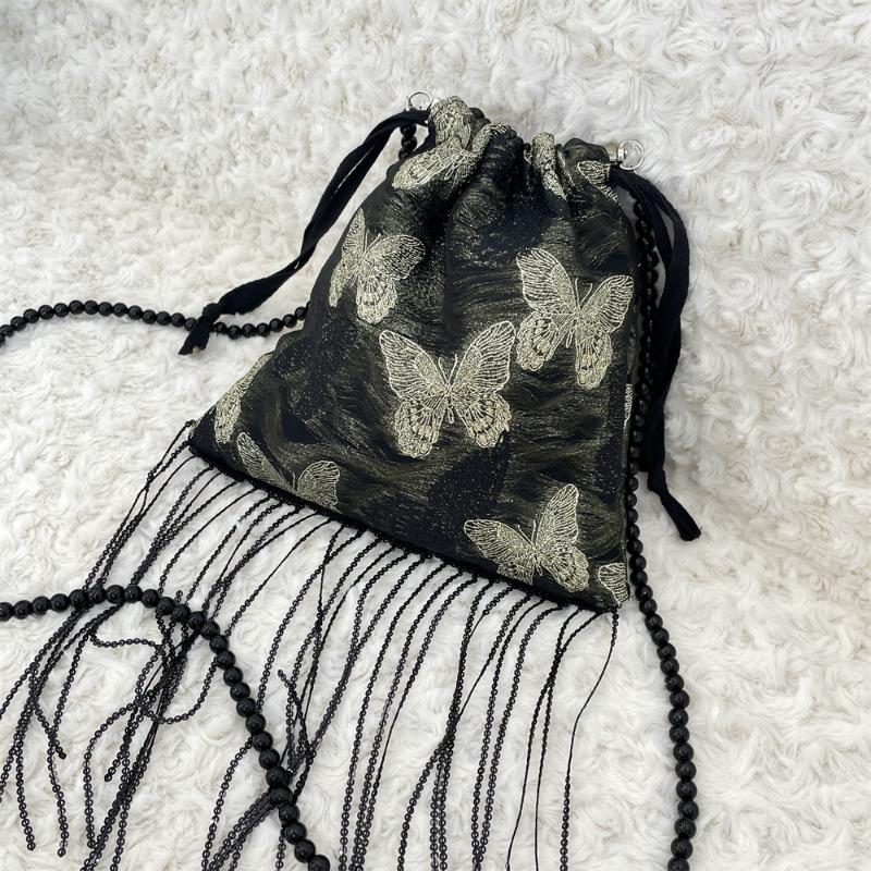 33 Golden Silk Butterfly Drawstring Bundle Crossbody Bag Retro Tassel Shoulder Bag Lazy Underarm Bag