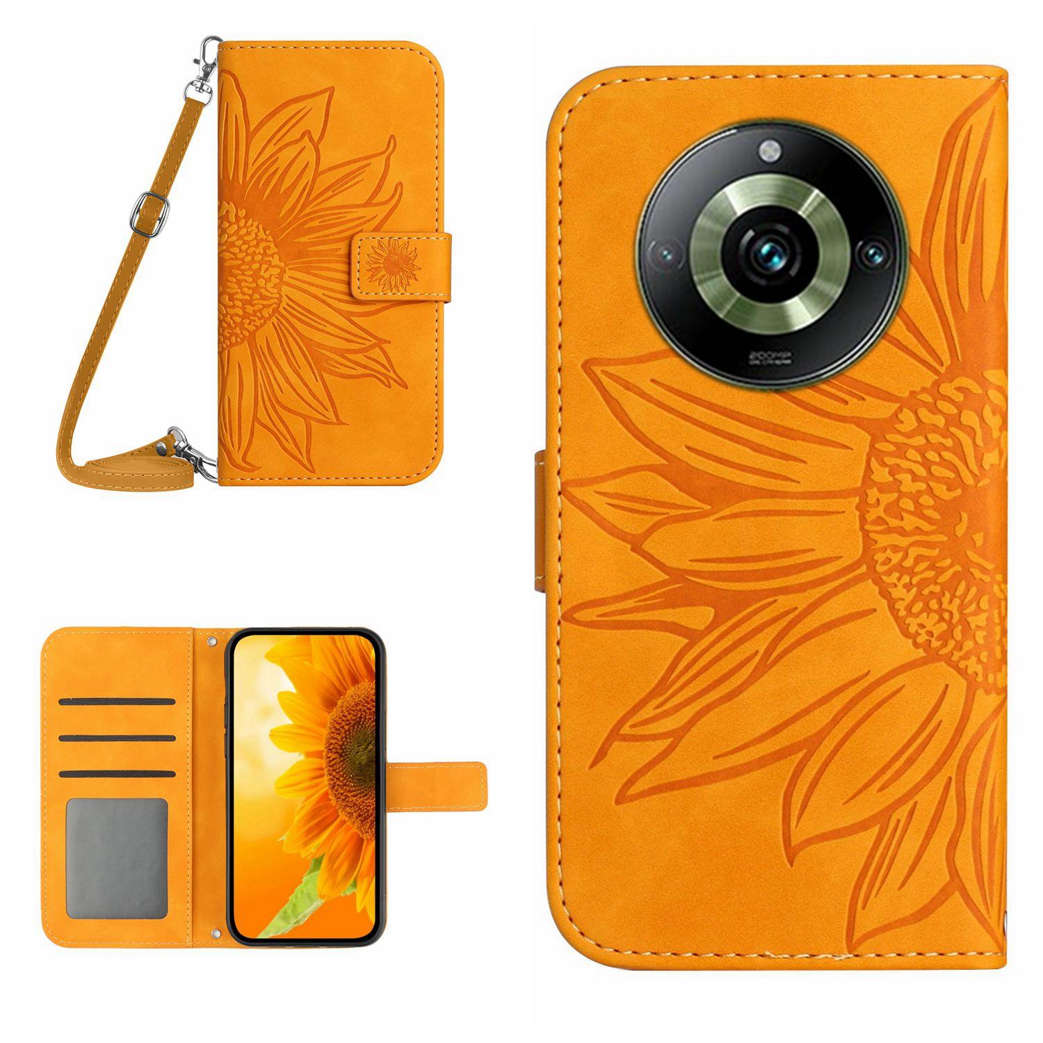 

HT04 For Realme 11 Pro 5G/11 Pro+ 5G Phone Case Sunflower Pattern Leather Wallet Stand Shell with Shoulder Strap Yellow