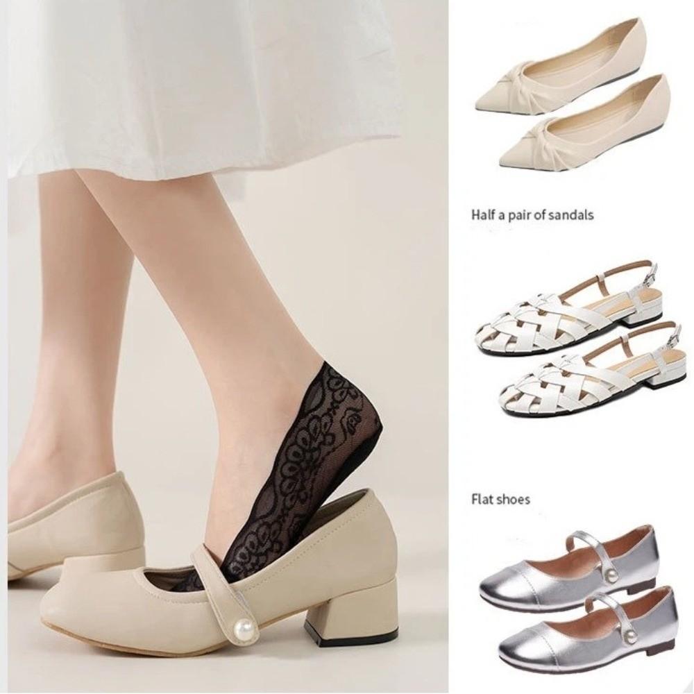 5 Pairs Summer Comfortable Lace Women's Socks Low Cut Ultra-thin Invisible Boat Socks Silicone Non-Slip Cotton Bottom Thin Socks