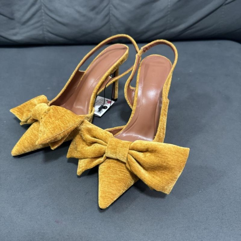 Moda Zapatos de Tacón Alto Mula Puntiaguda de Terciopelo Amarillo con Lazo para Mujer