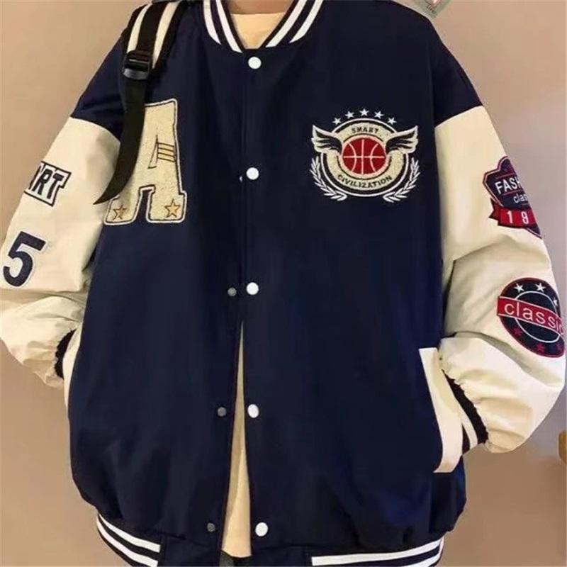 Letter Patch Baseball Jacket Casual Loose Varsity Coat