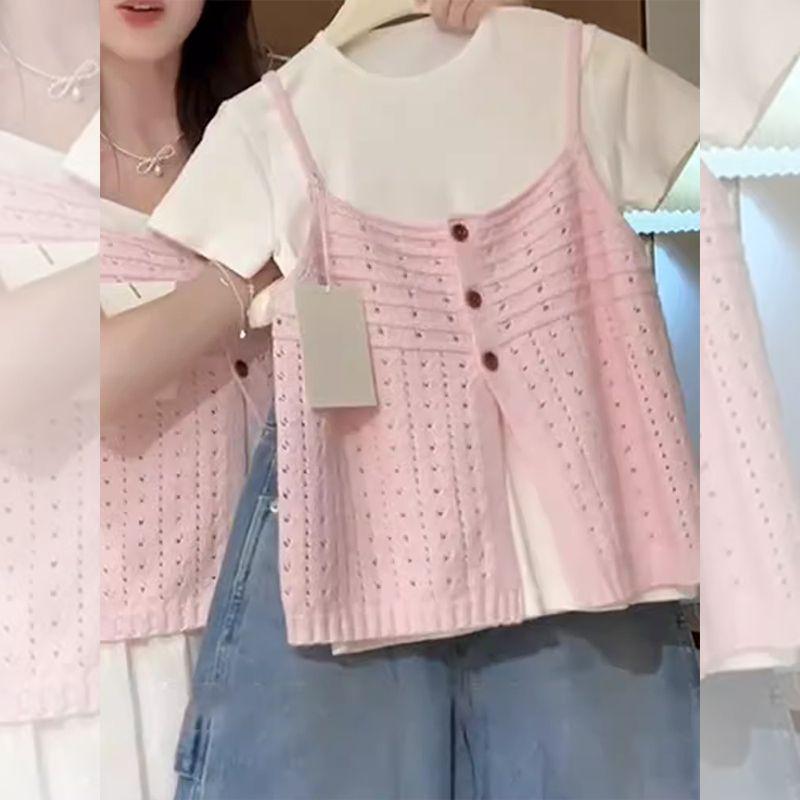 

Французская Молочная Серия Супер Милая Розовая Вязаная Майка из Ледяного Шелка Женская Летняя Бандажная Платье Верхняя Одежда Нежные Элегантные Топы Pink S