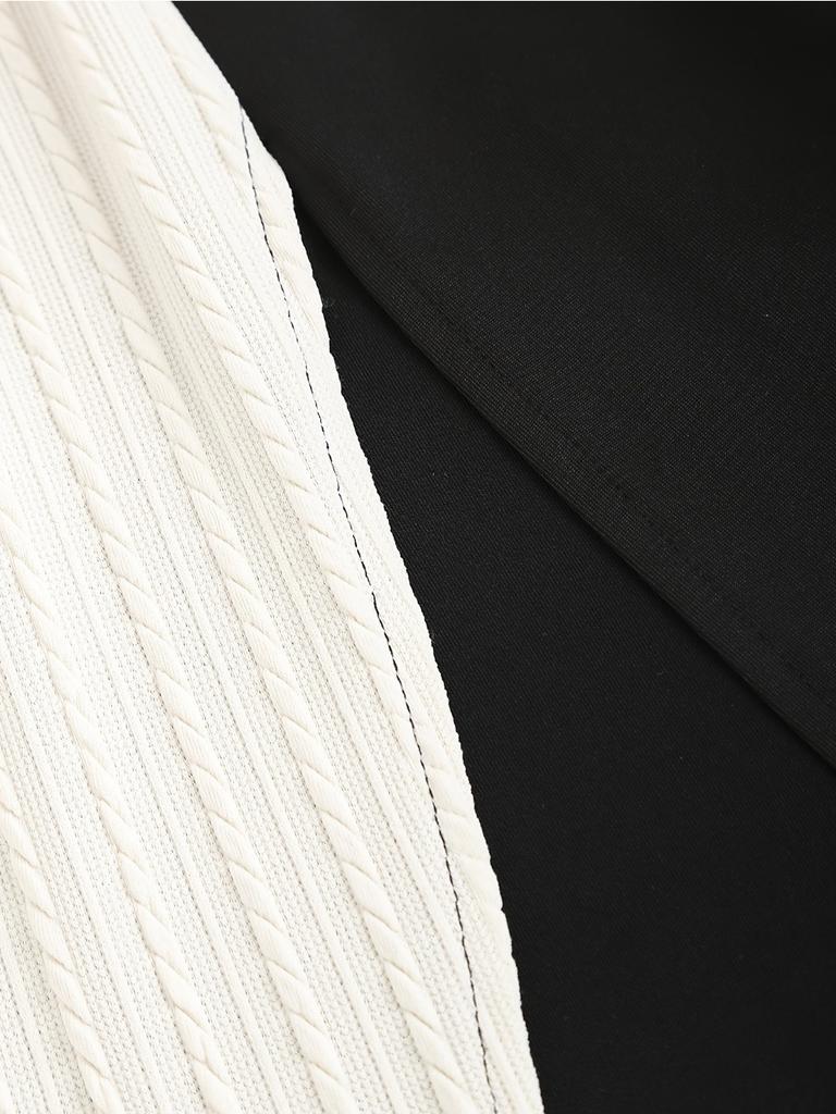 Women's Knitted Maxi Dress Round Neck Long Sleeve Patchwork Long Dresses Casual Color Block Drawstring Dress