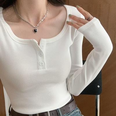 Sexy Hot Girl Square Neck Long-sleeved T-shirt Women's Slimming Spring and Summer New Basic Style Versatile White Top
