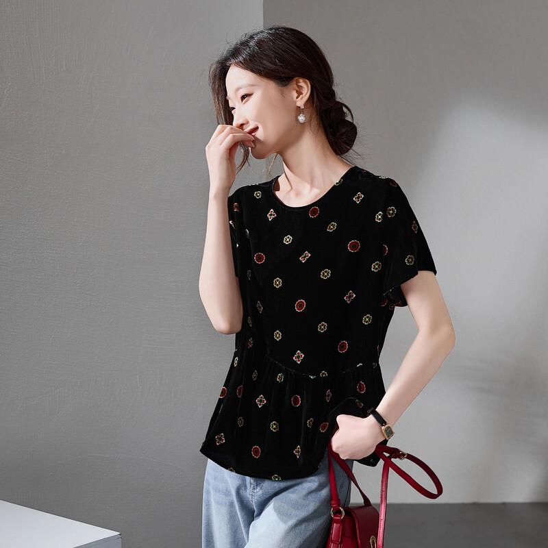 SOFSIL 2026 Summer Velvet Mulberry Silk Printed Short-Sleeve Blouse XL