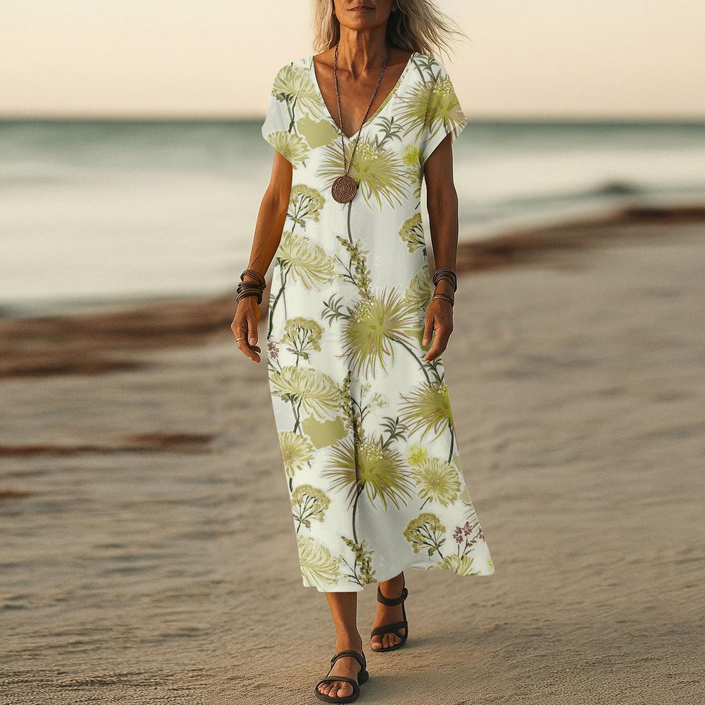 Summer Dress Women's Long Boho Beach Dress Elegant Maxi Dress V-Neck Short Sleeve Summer Tunic Dress Light Airy