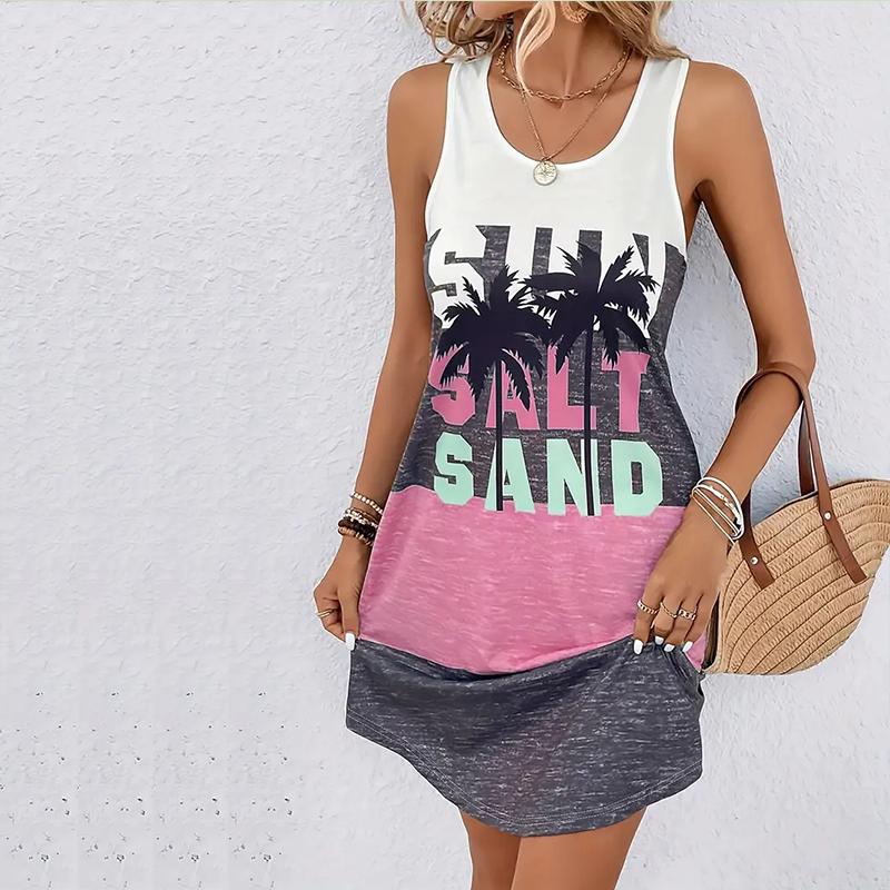 

Женское платье без рукавов с принтом пальмовых деревьев и круглым вырезом, свободное, мягкое и удобное, большого размера L розовый