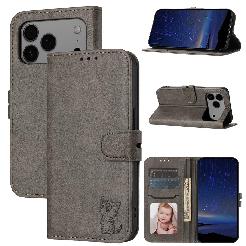 For iPhone 17 Pro Max Case Happy Cat Pattern Imprinted Leather Wallet Phone Cover