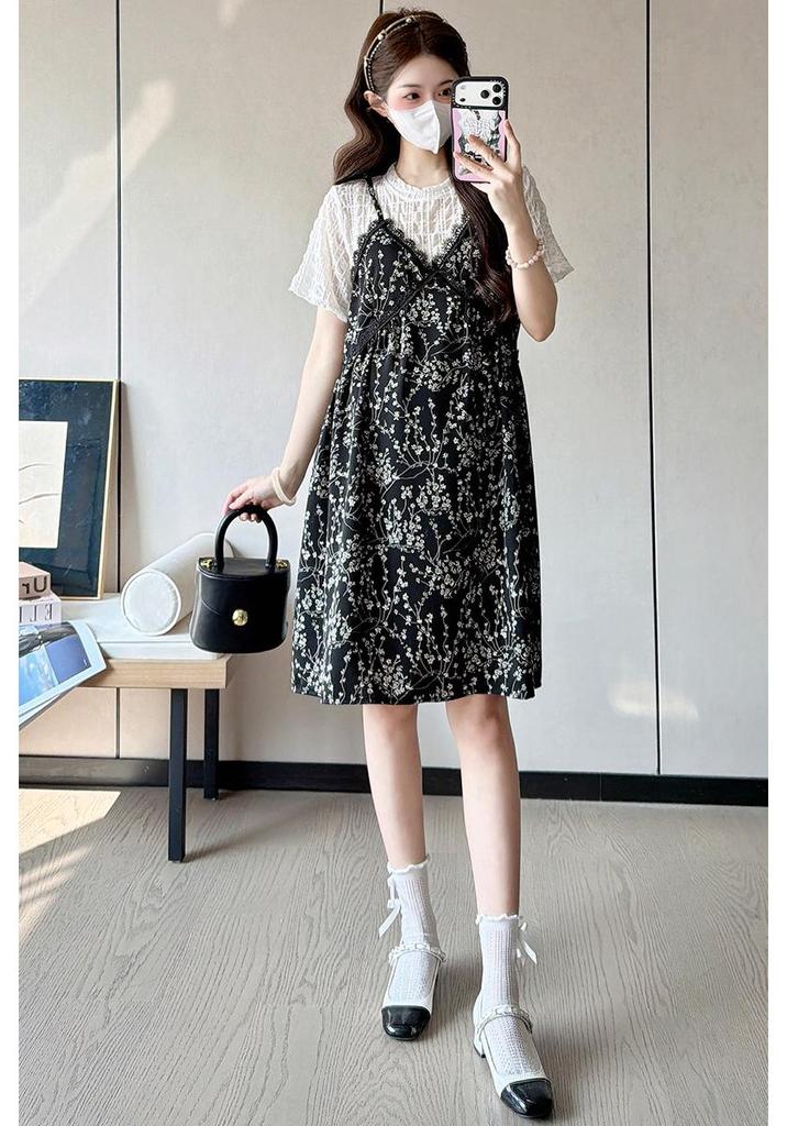 2026 Summer Maternity Floral Faux Two-Piece Slimming Dress