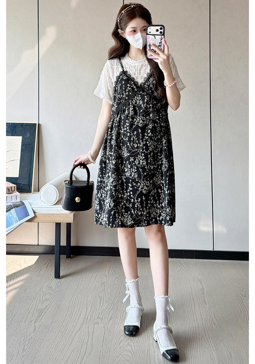 2026 Summer Korean Style Patchwork Short-Sleeve Maternity Dress: Trendy Loose-Fit Skirt M