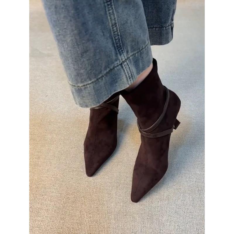 Fashion High Heel Back Zipper Women's Scrub Belt Buckle Pointed Toe Temperament Booties Vintage Slim Follower Single Boots